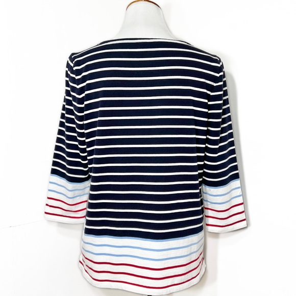 Talbots Nautical 3/4 Sleeve Boatneck Tee, Navy Blue Red White Striped , Petite - Picture 4 of 10